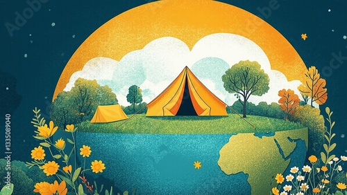 Celebrate Beltane camping in nature, reconnect with Earth, featuring floral elements and starry sky, for a harmonious outdoor experience.