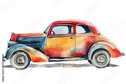 Vintage Watercolor Classic Car Retro Automobile Colorful Red Orange Yellow Blue Detailed Illustration Classic Vehicle Transportation Design Element   