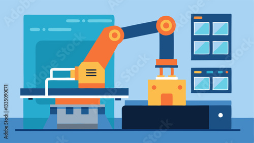 Robotic Arm A factory setting with a robotic arm depicted in action paired with a transparent digital model showing its internal mechanics and control systems.