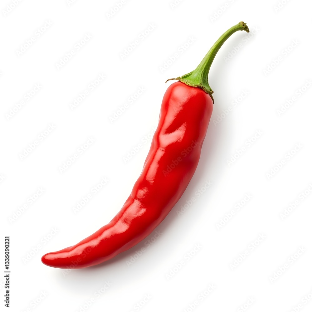 Close-up of red chili pepper with smooth texture and glossy surface on white background Close-up of red chili pepper with smooth texture and glossy surface on white background