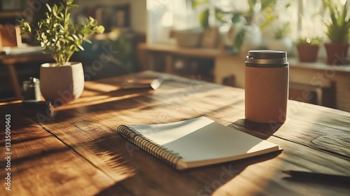 A wooden table with items and plants lit by sunlight