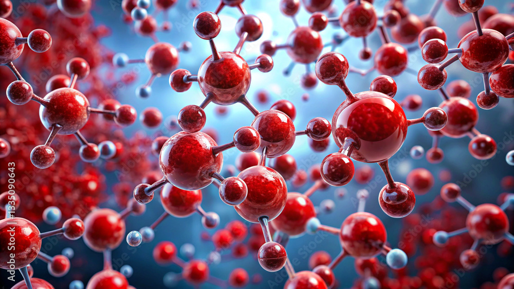 Detailed 3D illustration of molecular structure of red atoms. Detailed 3D illustration of molecular structure of red atoms.
