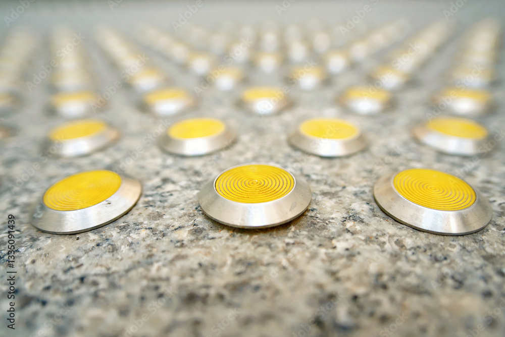 Row of tactile paving dots on textured surface providing guidance, safety for visually impaired pedestrians in an urban environment, selective focus. Close-up of tactile paving with yellow metal bumps