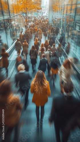 Busy urban crossing during the morning rush hour with individuals in professional attire heading to work
