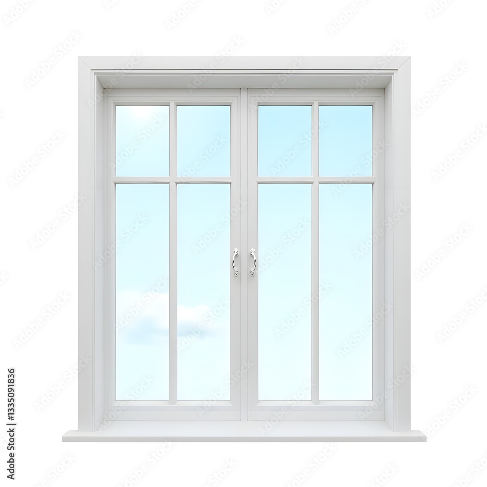 White double-pane window with clear sky view and symmetrical mullioned glass on white background