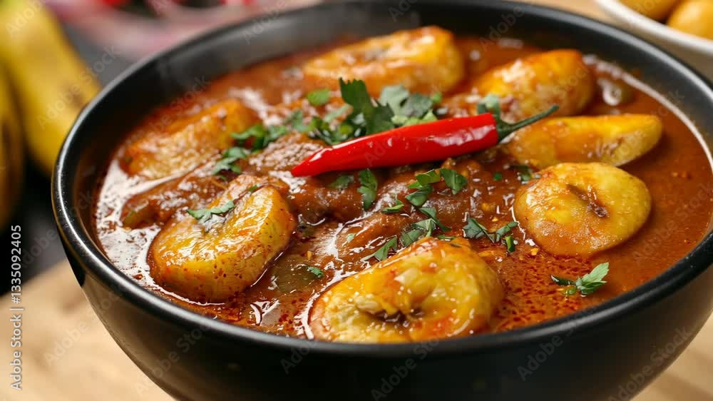 Savory banana curry featuring tender slices in rich sauce garnished with fresh herbs and chili Savory banana curry featuring tender slices in rich sauce garnished with fresh herbs and chili