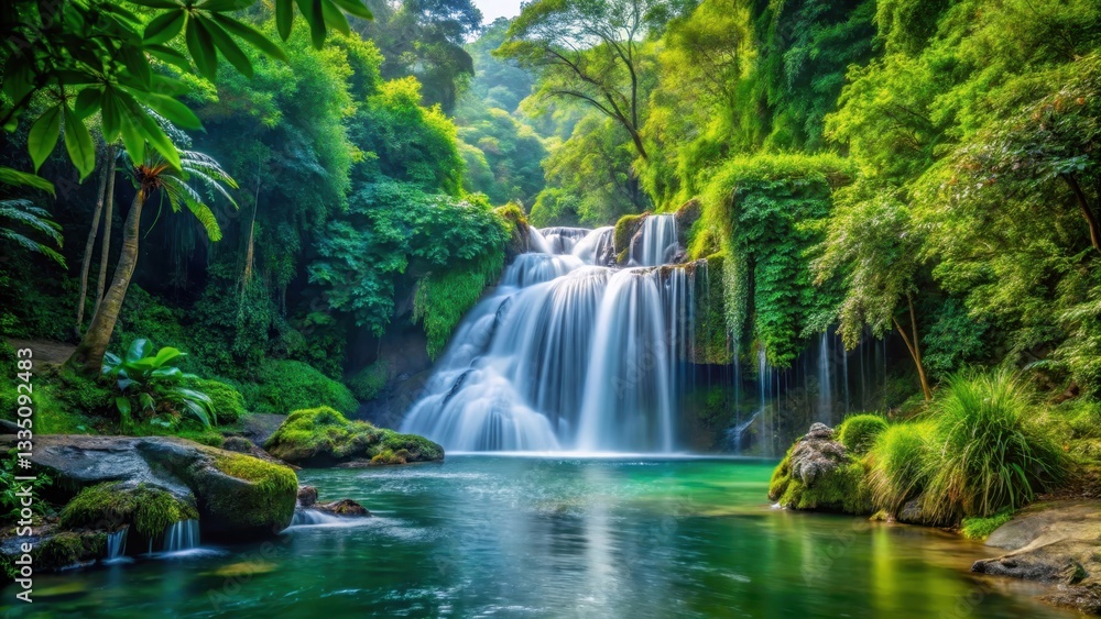 Obraz premium Waterfall in the midst of dense foliage, fauna, river, fauna, river, beautiful ,waterfall, wild, mountain, stream, waterfall