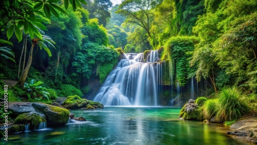 Waterfall in the midst of dense foliage, fauna, river,  fauna, river, beautiful ,waterfall, wild, mountain, stream, waterfall