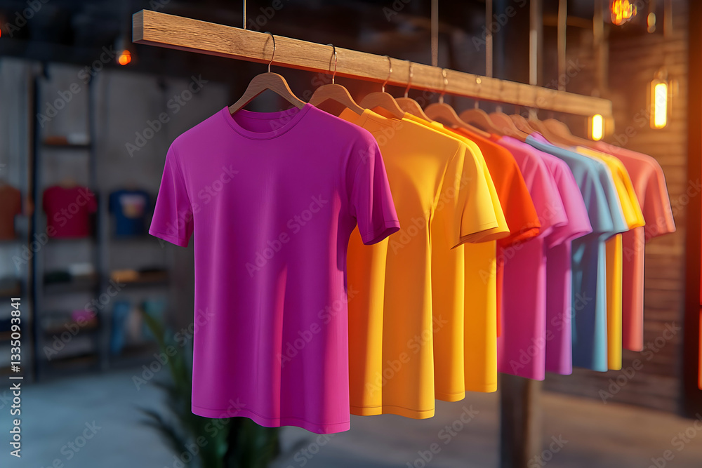 A collection of colorful t-shirts hanging on a wooden rack, designed for a vibrant apparel shop mockup. 40k, , high resolution A collection of colorful t-shirts hanging on a wooden rack, designed for a vibrant apparel shop mockup. 40k, , high resolution