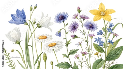 Spring flower border with white, blue, and purple blooms in a colorful floral design