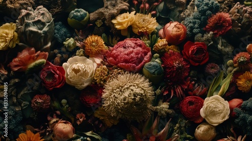 Colorful Floral Arrangement with Various Blooms and Textures