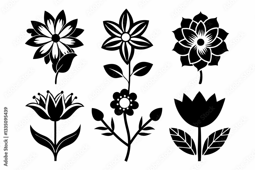 flower icon set line art silhouette vector illustration flower icon set line art silhouette vector illustration
