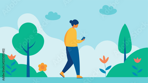 Outdoors Ignored A person walking in a beautiful park but their head is down staring at their phone with flowers and nature around them depicted as vibrant but unnoticed.