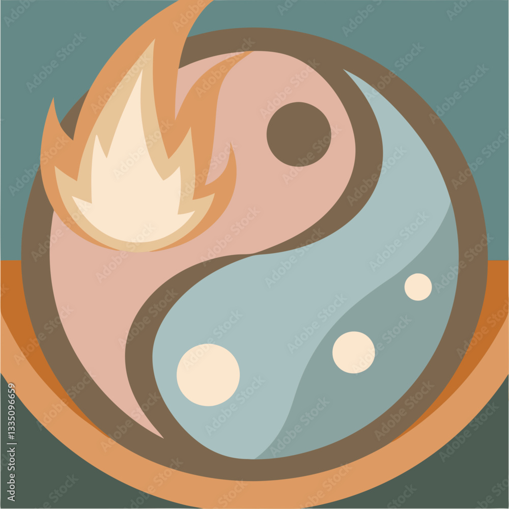 Stylized yin and yang symbol featuring fire and water elements Stylized yin and yang symbol featuring fire and water elements