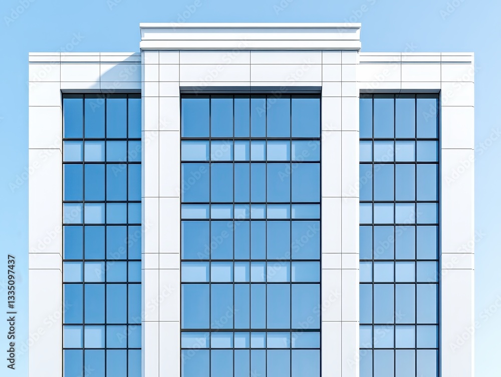 Obraz premium Modern office building facade with large glass windows against a clear sky