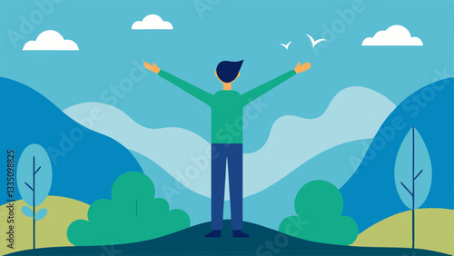 Nature Connection A figure standing in a peaceful nature setting arms outstretched absorbing the surroundings to represent grounding oneself in the moment to combat negativity.