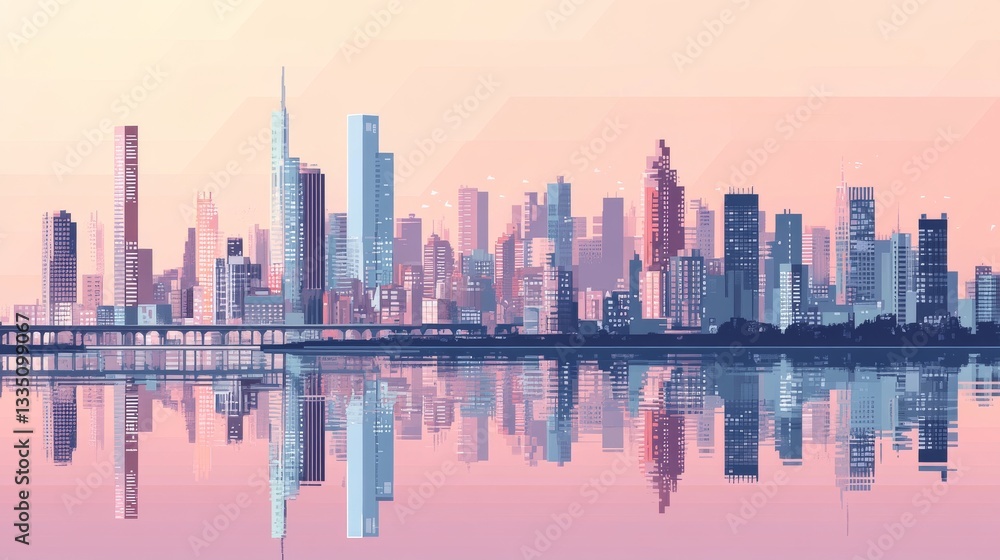 Obraz premium Cityscape reflected in water with stylized buildings under a pastel sky.