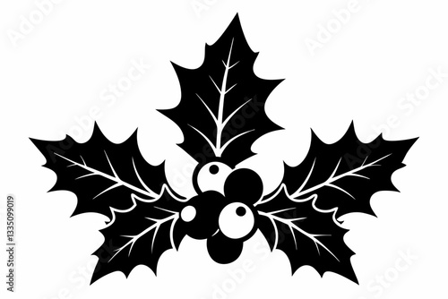 christmas holly with berries line art silhouette vector illustration