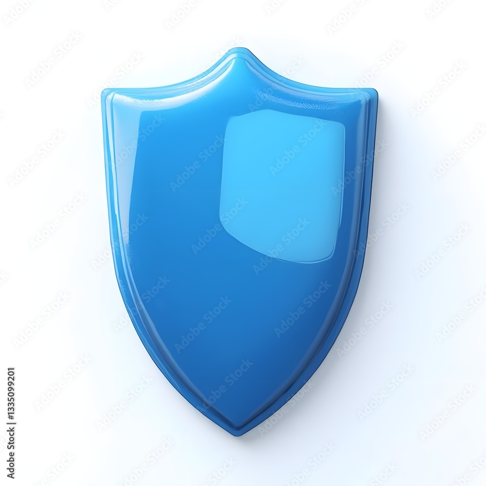 Shiny blue shield with glossy surface and gradient blue tones on white background Shiny blue shield with glossy surface and gradient blue tones on white background