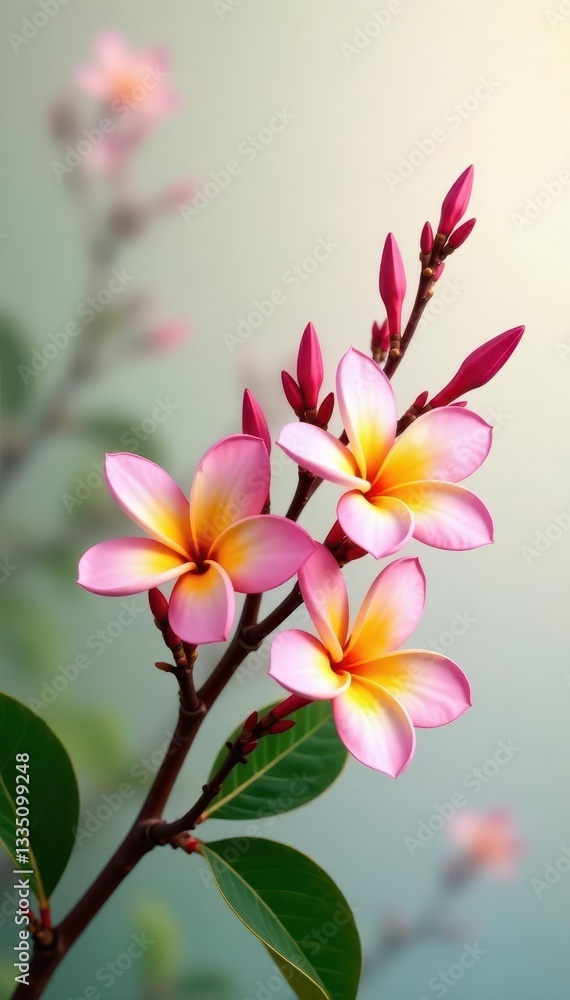 Naklejka premium Pink and yellow plumeria acutifolia flowers on branch , branch, yellow flowers, flora