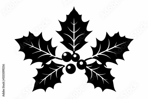 christmas holly with berries line art silhouette vector illustration