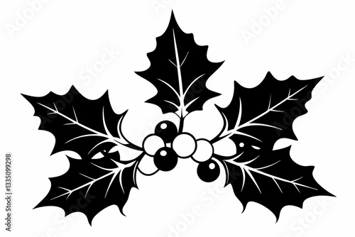 christmas holly with berries line art silhouette vector illustration