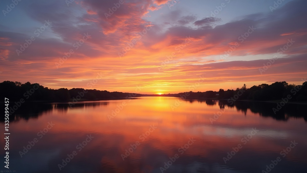 Naklejka premium A breathtaking sunset over a calm lake reflects fiery skies. Silhouetted trees line the distant shores, creating a serene landscape.