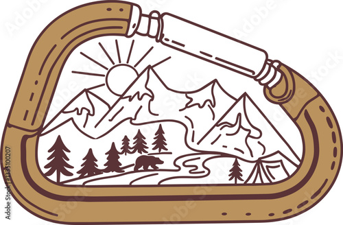 Mountain and carabiner vector illustration, camping on a beautiful mountain vector illustration