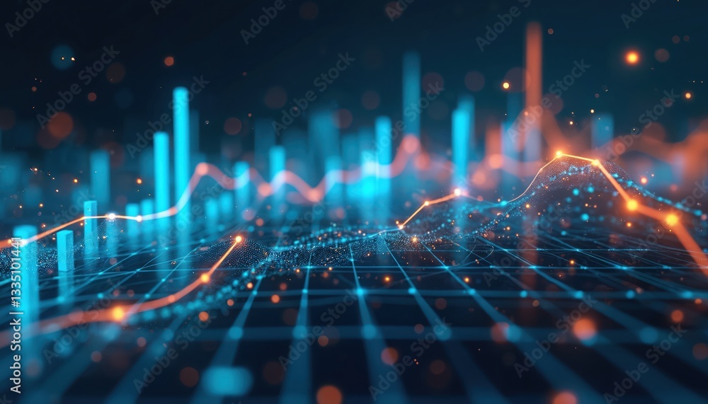Fototapeta premium Perspective view of stock market growth shown with digital financial chart graphs, diagrams, indicators on dark blue blurry background. Investment, data concept with stock market lines, columns.
