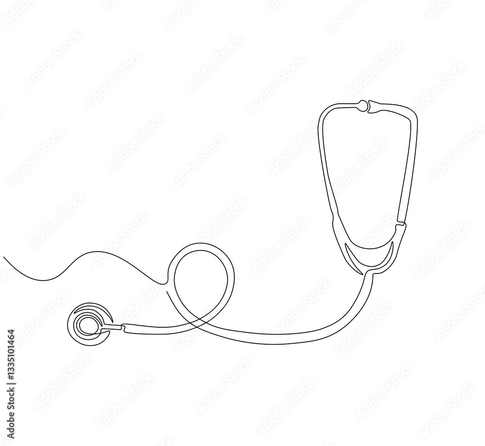 Fototapeta premium Stethoscope continuous line. Continuous one line drawing of medical stethoscope. Medical tool, laboratory equipment concept. single line drawing