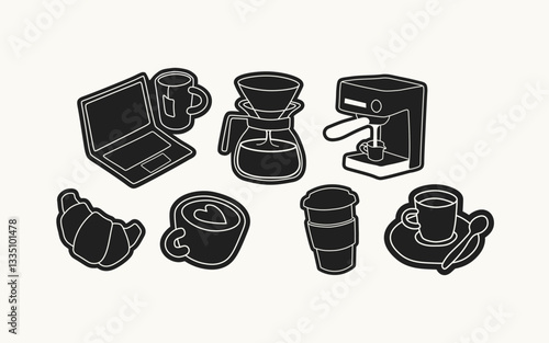 Minimalist coffee doodles and cafe stickers. Espresso machines, kettles, mugs, coffee beans, brewing tools. Vintage-style graphic icons. Brew shop elements.