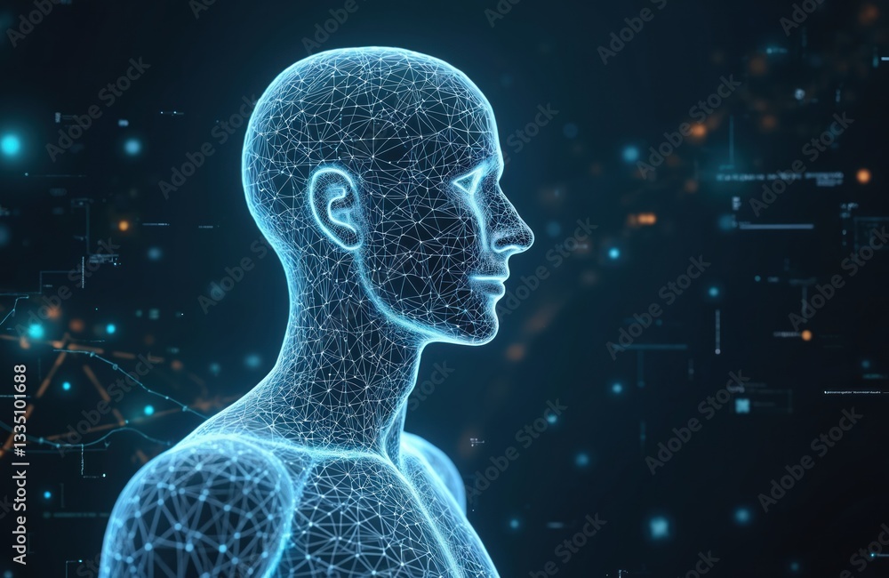 Human body 3D wireframe model scan. Hologram style image of AI generated human figure on dark blue background for medical digital applications or presentations. Human body 3D wireframe model scan. Hologram style image of AI generated human figure on dark blue background for medical digital applications or presentations.