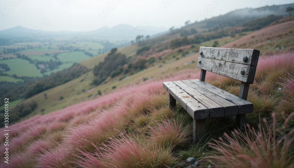 Fototapeta premium Serene landscape bench rolling hills nature photography tranquil environment elevated viewpoint