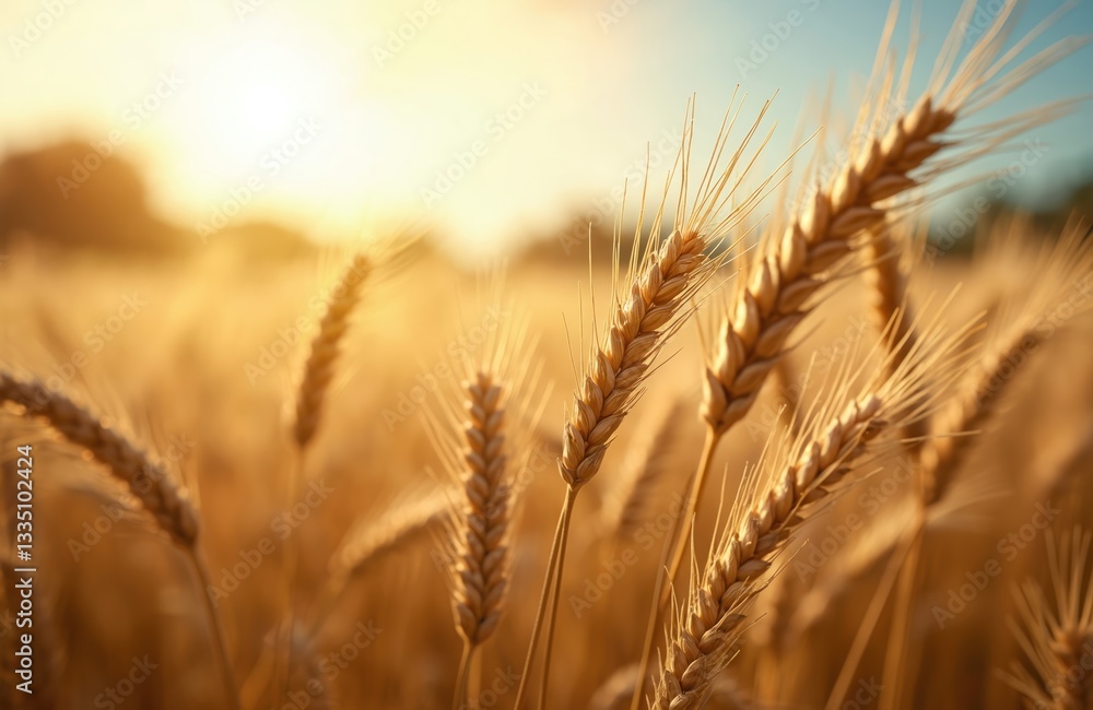 Wheat field close-up at sunset. Golden wheat ears glow on sun. Ripe crop plants symbolize rich harvest season, organic farming, sustainable agriculture, food production. Bread, bakery business, Wheat field close-up at sunset. Golden wheat ears glow on sun. Ripe crop plants symbolize rich harvest season, organic farming, sustainable agriculture, food production. Bread, bakery business,