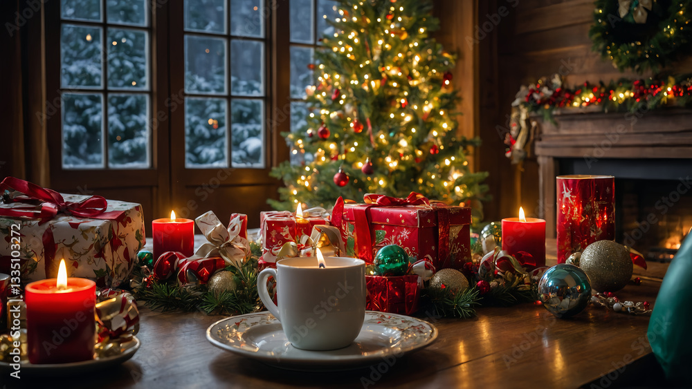 Fototapeta premium Classic Christmas Celebration Elements – A Stunning Stock Photography Collection of Festive Decorations, Gifts, Candles, and Holiday Accessories.