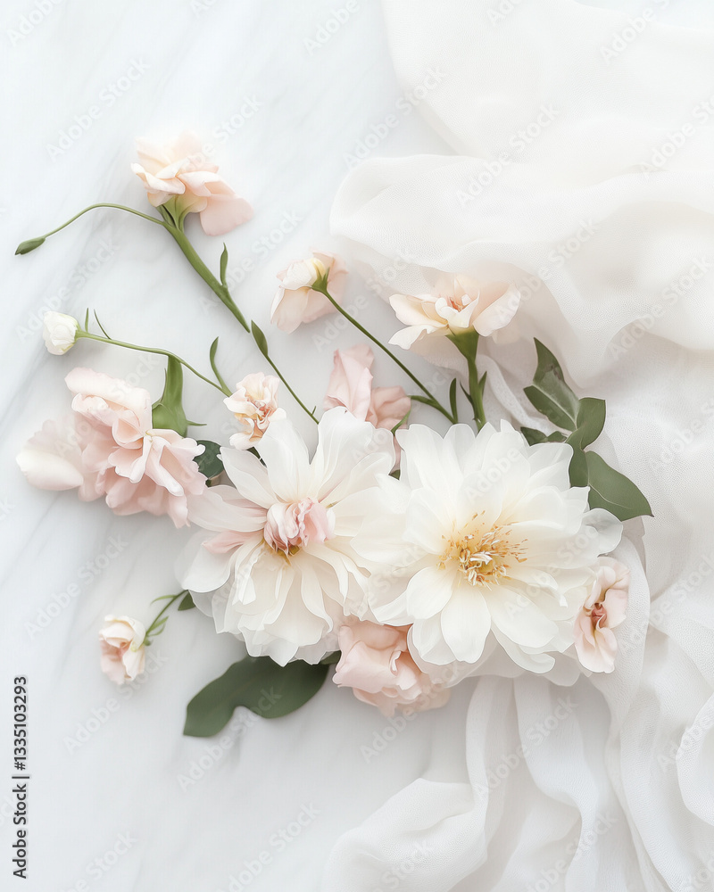 Fototapeta premium Elegant floral arrangement on soft fabric background 