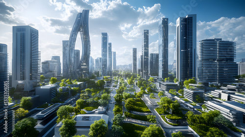 AI creating a virtual model of a futuristic smart city, with sustainable architecture and integrated green spaces.