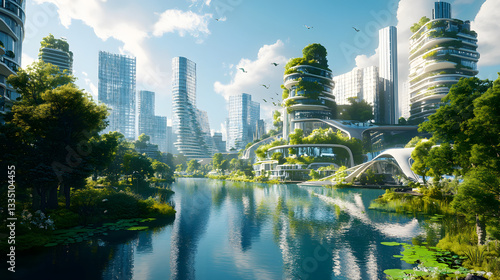 AI creating a virtual model of a futuristic smart city, with sustainable architecture and integrated green spaces.