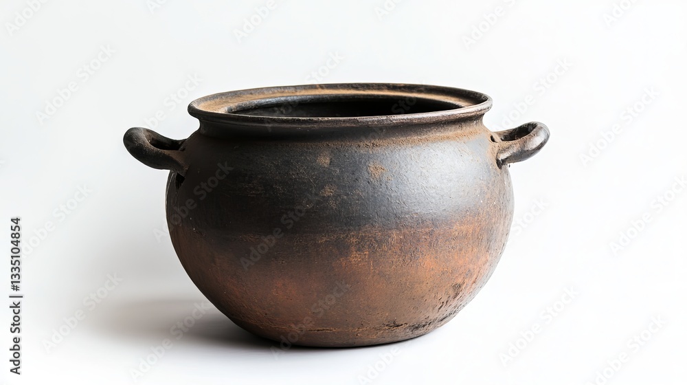 An old cooking pot placed against a white background, isolated. An old cooking pot placed against a white background, isolated.