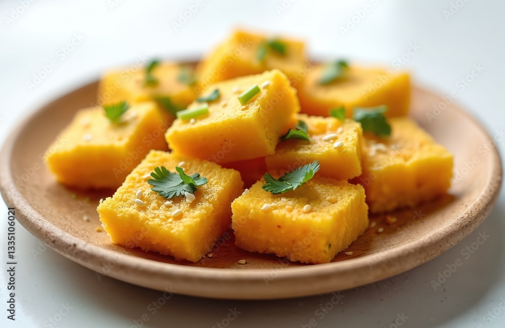 Tasty Dhokla served on wooden plate with cilantro. Traditional indian vegetarian snack made from fermented batter derived from rice, chickpeas. Culinary dish with spices on white background. Tasty Dhokla served on wooden plate with cilantro. Traditional indian vegetarian snack made from fermented batter derived from rice, chickpeas. Culinary dish with spices on white background.