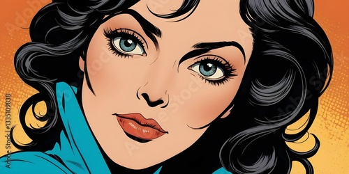 Face of a sensual serious woman with black hair. Illustration.