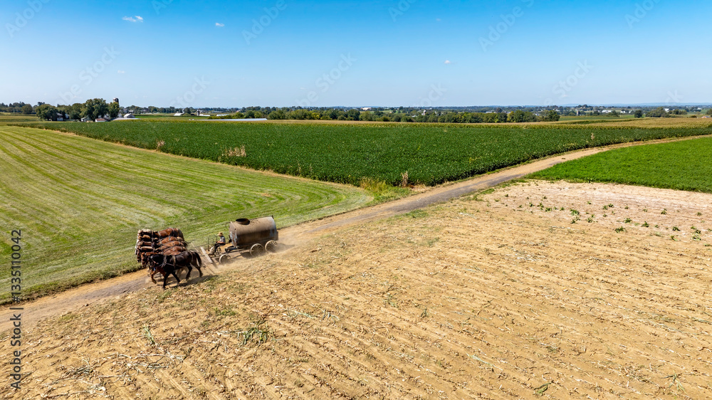 Wide View of Farmlands With Horse Pulled Manure Equipment Along a Dirt Road in Rural Setting Wide View of Farmlands With Horse Pulled Manure Equipment Along a Dirt Road in Rural Setting