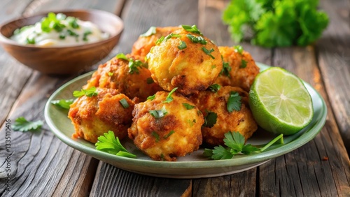 Golden brown conch fritter on a plate, topped with fresh cilantro and a squeeze of lime juice , lunch, crispy,  lunch