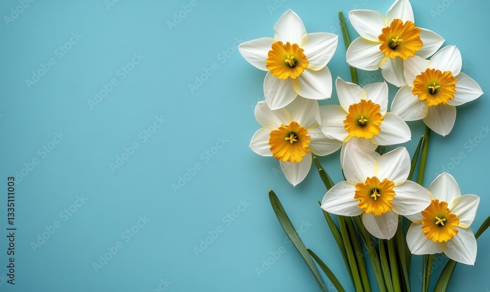 Tulips and daffodils on blue background, flat lay spring greeting card with copy space Tulips and daffodils on blue background, flat lay spring greeting card with copy space