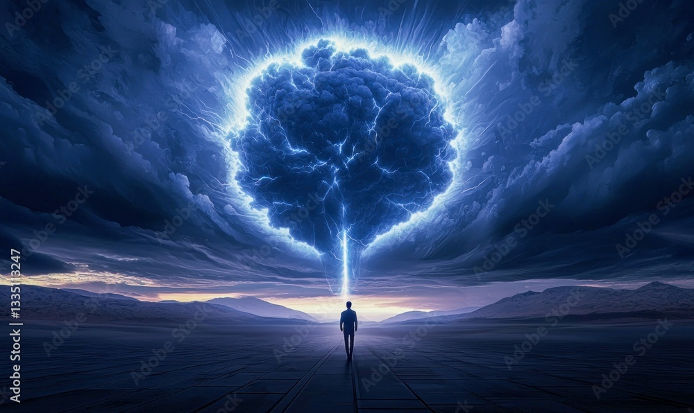 Fototapeta premium A figure walks toward a brain-shaped cloud of energy in a stunning, surreal landscape.