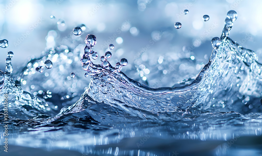 Water Splashing with Droplets in Motion Against Blurred Background Water Splashing with Droplets in Motion Against Blurred Background
