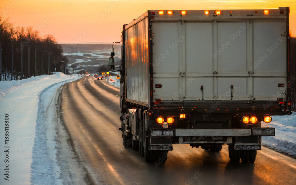 Truck on road. Wintertime, evening view
