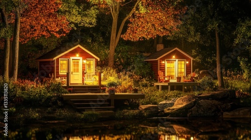 Illuminated Autumn Cabins Beside Serene Night Water