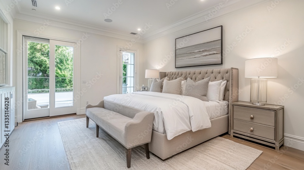 Fototapeta premium Serene Bedroom with Clean Lines and Soft Lighting