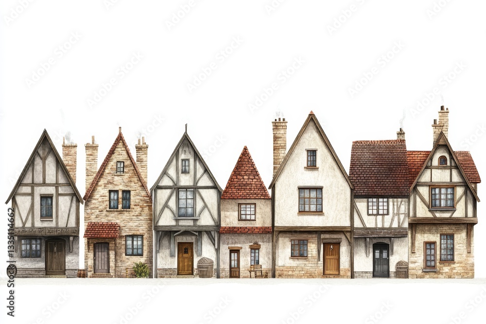 Medieval European Town Row on White Medieval European Town Row on White